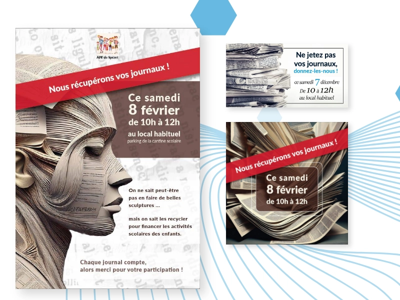 Affiche et publications pour une collecte de journaux organisée par une APE