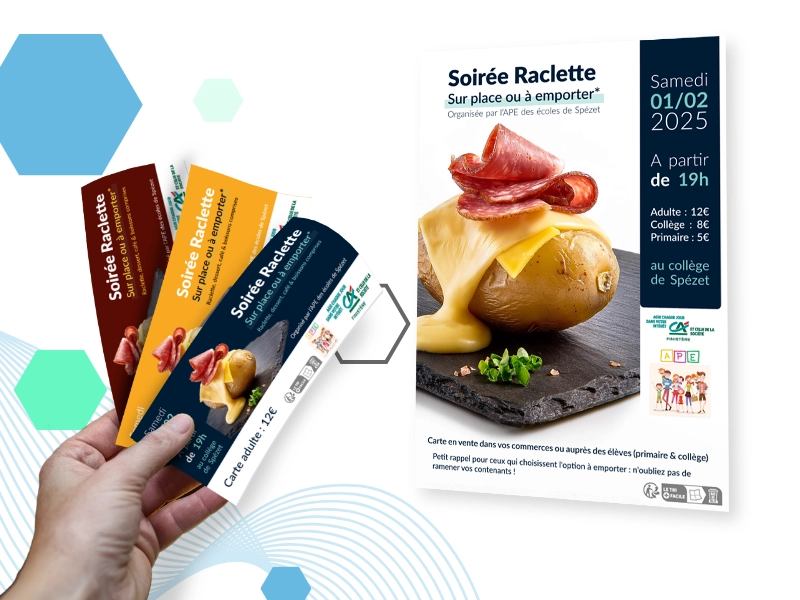 Création d'une affiche, de tickets et de publications facebook pour une soirée raclette organisée par une APE