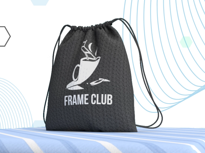 Création d'un logo Frame Club mis en situation sur un sac