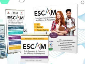 Réalisation d'un lot d'habillages de stand à partir d'une charte graphique pour une école de commerce. Images et textes non fournis