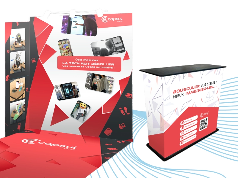 Habillage de tapis, mur, parois et comptoir pour une entreprise évènementielle