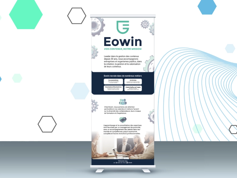 Réalisation d'un Kakemono pout une entreprise de gestion de données. Travail du texte avec l'équipe de l'entreprise. Image non fournis.