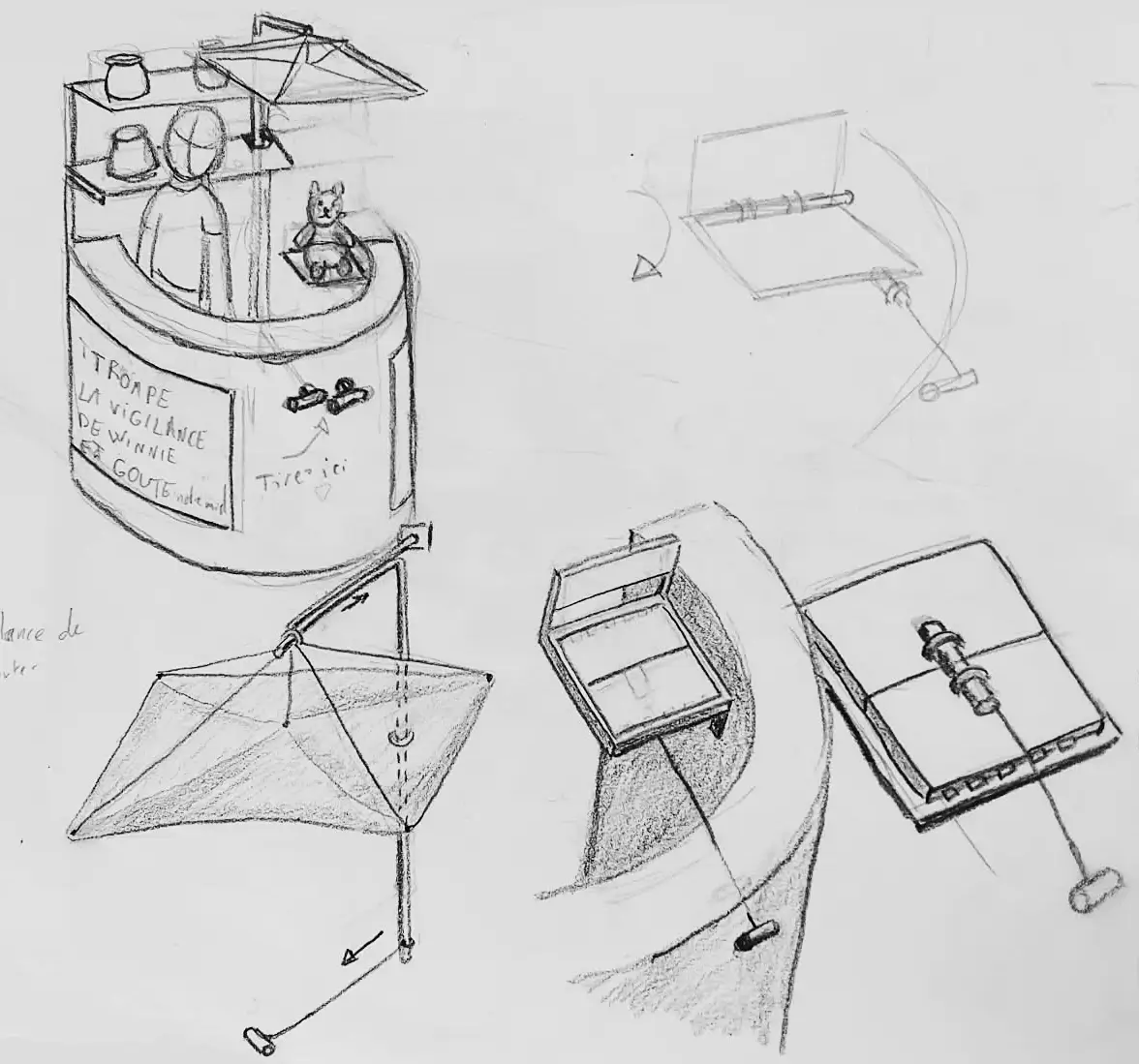 Croquis d'idées de scénographie pour un stand de miel, recherche d'agencement et d'expérience visiteur, Jillian Monot