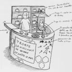 Croquis de recherche pour stand d'exposition thématique miel, dessin conceptuel structure alvéolaire, Jillian Monot