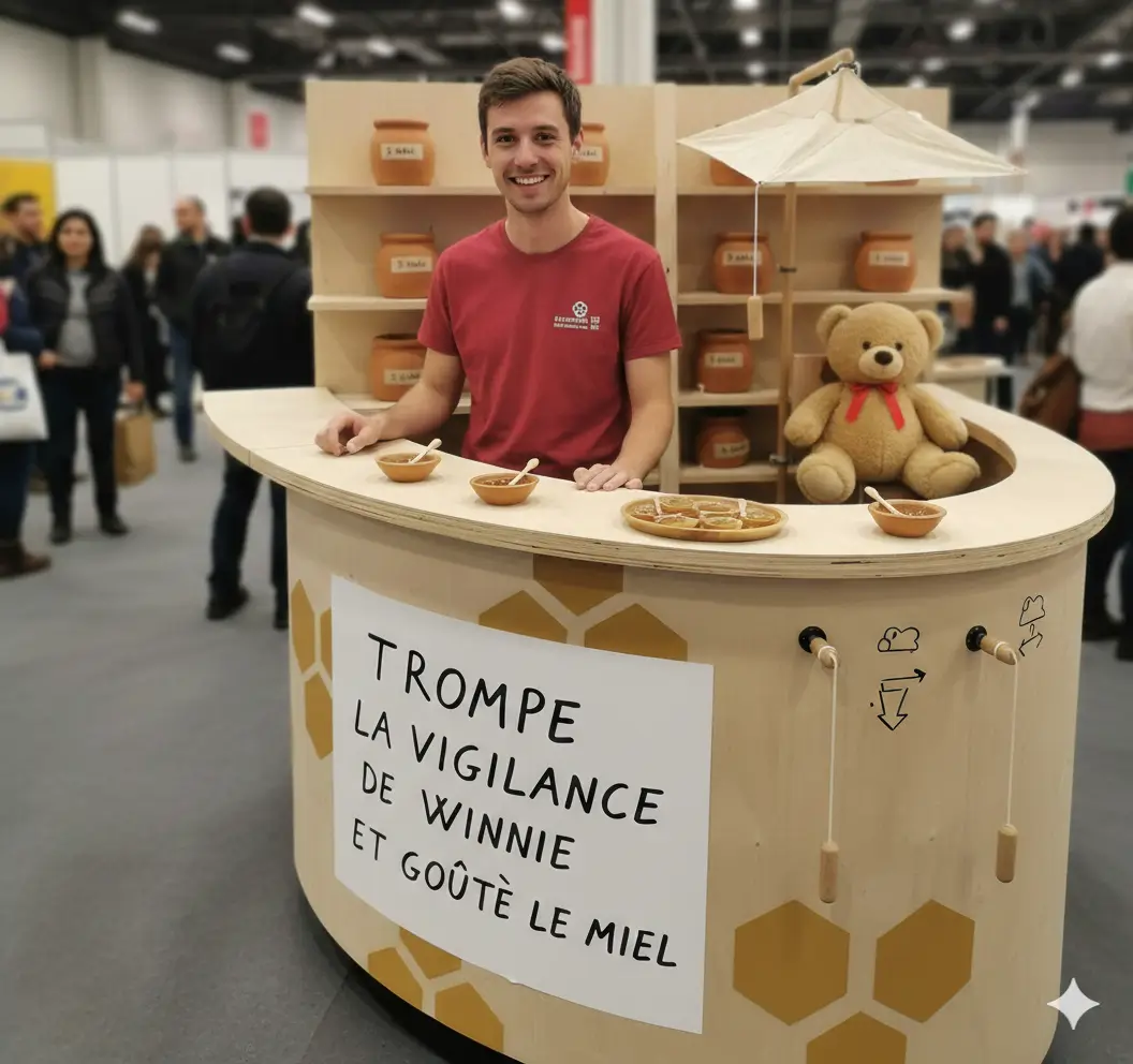 Rendu 3D par IA Gemini du stand miel, conception de stand événementiel thématique, Jillian Monot