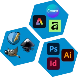 Comparatif des logiciels de création graphique : solutions payantes (Adobe), freemium (Canva) et libres (Scribus, Gimp, Inkscape).