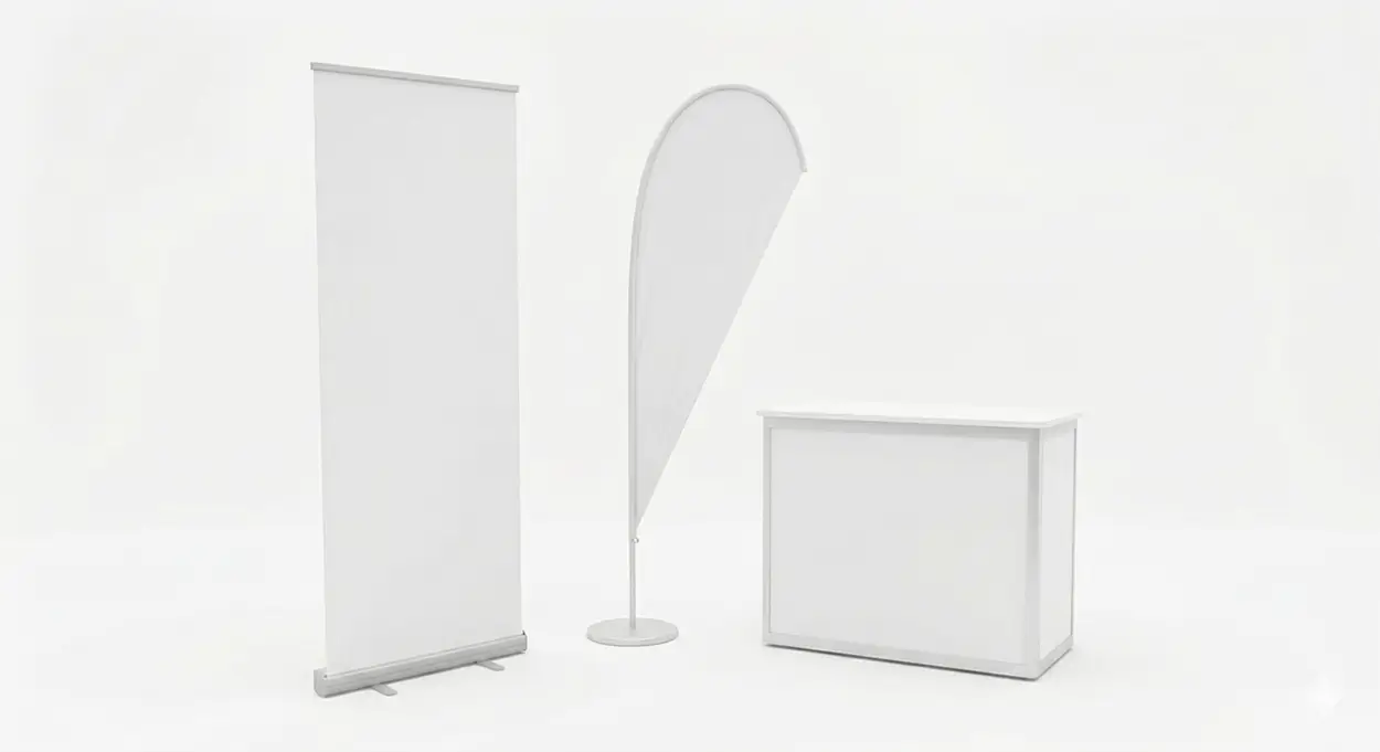 Supports de stand : kakemono, flamme et comptoir