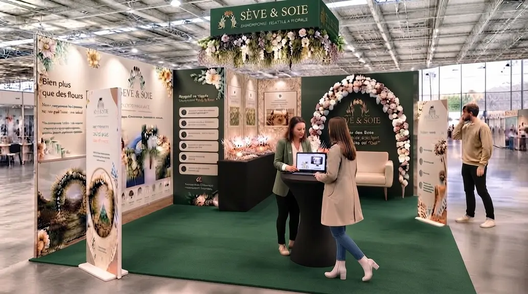 Échange entre un exposant et des visiteurs sur un stand